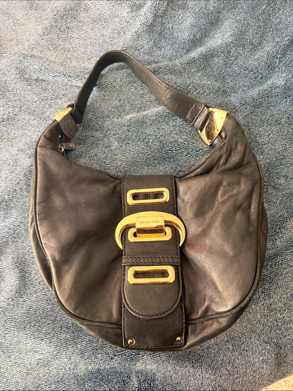 Michael Kors Black Leather Hobo with Gold-Tone Accents